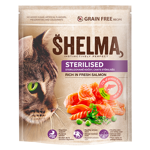 שלמה סופר פרימיום לחתולים מעוקרים ללא דגנים עשיר בסלמון טרי 1.4 ק"ג | Shelma