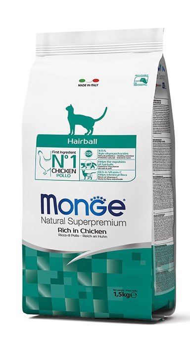 מונג׳ Monge מזון יבש לחתול היירבול בטעם עוף 1.5 ק״ג – Hairball Rich in Chicken