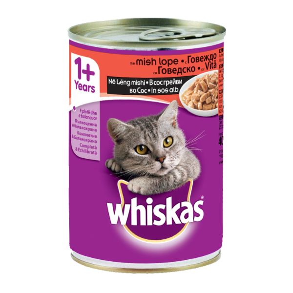 ויסקס מזון מלא רטוב לחתול בטעם בקר 400 גרם -WHISKAS BEEF CANNED 400G