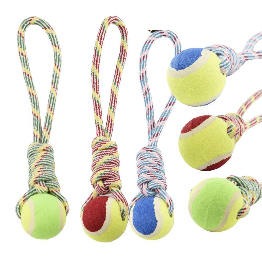חבל משיכה עם כדור טניס בצבעים PETJOY – צעצוע אינטראקטיבי לכלבים