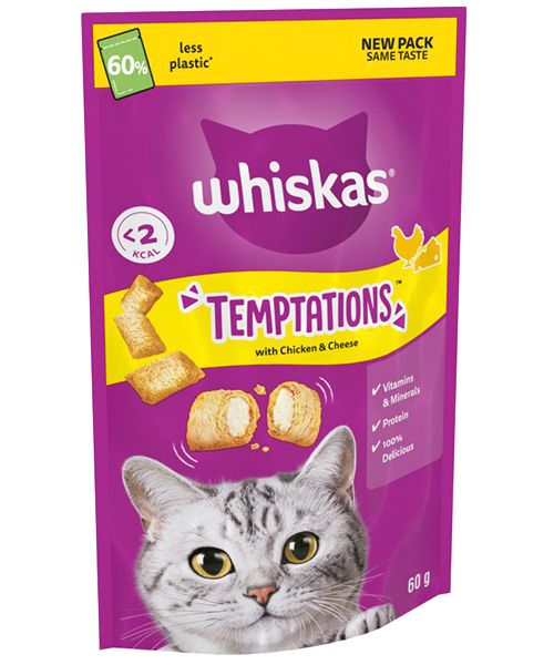 וויסקאס Whiskas Temptations חטיף לחתול עוף וגבינה 60 גרם – Chicken & Cheese